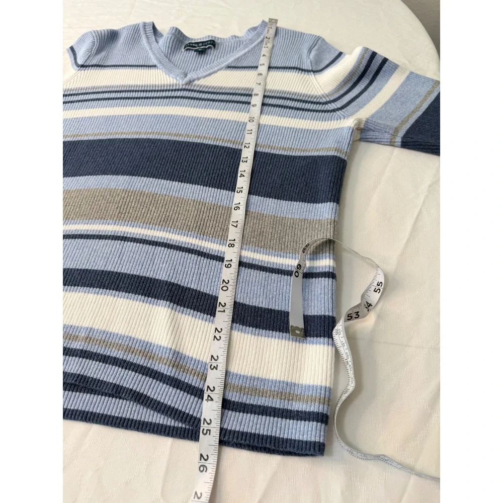 Vintage 90s Inspo Karen Scott Striped‎ Vneck Sweater XL Blue Gray White Preppy